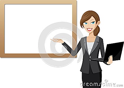 Working woman presentation with whiteboard and computer laptop Vector Illustration