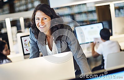 Working Woman Smiling Standing Concept Stock Photo