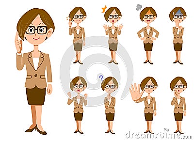 Working women with eyeglasses 9 gestures and facial expressions Vector Illustration