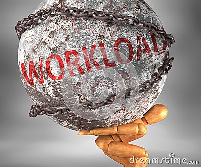 Workload and hardship in life - pictured by word Workload as a heavy weight on shoulders to symbolize Workload as a burden, 3d Cartoon Illustration