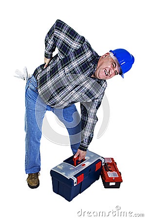 Workman with backache lifting tools Stock Photo