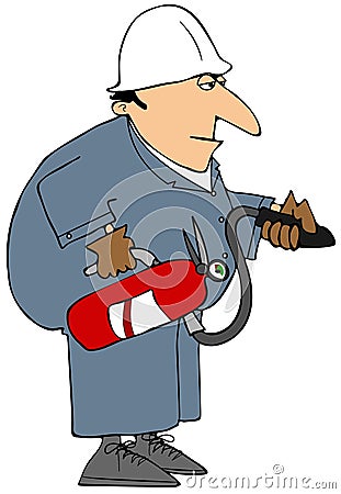 Workman in coveralls holding a fire extinguisher Stock Photo