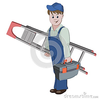 The workman or handyman standing with ladder and a toolbox Vector Illustration