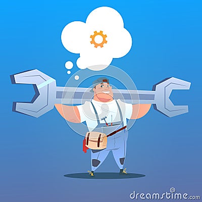 Workman Holding Big Wrench With Chat Bubble Labor Day Concept Vector Illustration