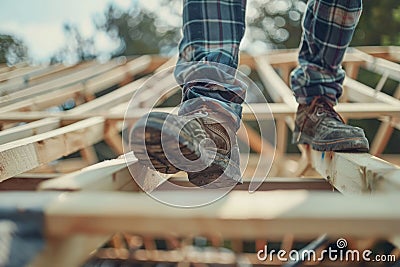 Workman in Sturdy Boots Treads on Unfinished Roof Stock Photo