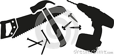 Workman tool with saw, hammer, nails and drill Vector Illustration