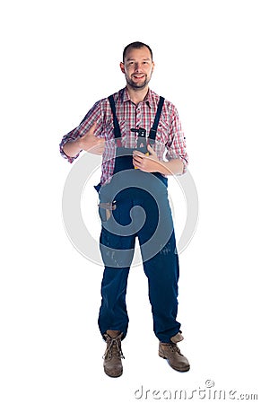 Handyman with hammer standing on white background Stock Photo