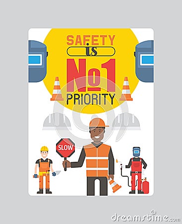 Workmen builders and engineers with tools or equipment poster vector illustration. Workers in hardhats and working Vector Illustration
