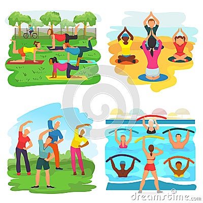 Workout exercise vector active people exercising with trainer in sportive group in park illustration set of man or woman Vector Illustration