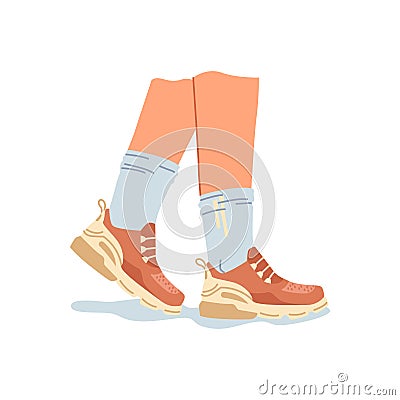 Cartoon comfortable sport shoes on legs in socks Vector Illustration