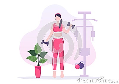 Workout Gym People Exercising Lifting Dumbbells and Weight, Jogging on Treadmill, Sport, Wellness or Fitness in Flat Illustration Vector Illustration