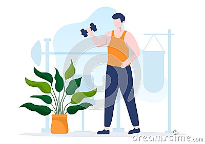 Workout Gym People Exercising Lifting Dumbbells and Weight, Jogging on Treadmill, Sport, Wellness or Fitness in Flat Illustration Vector Illustration