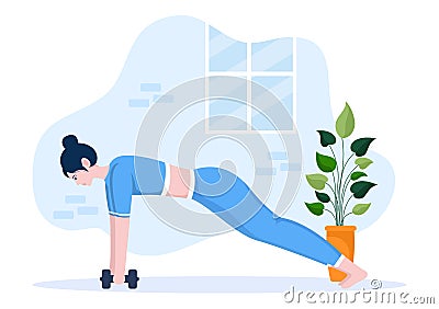 Workout Gym People Exercising Lifting Dumbbells and Weight, Jogging on Treadmill, Sport, Wellness or Fitness in Flat Illustration Vector Illustration