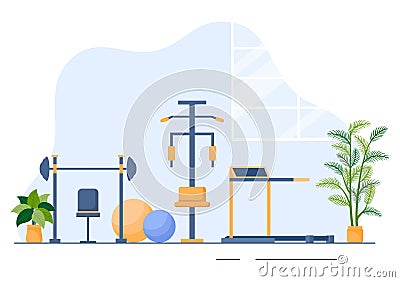 Workout Gym People Exercising Lifting Dumbbells and Weight, Jogging on Treadmill, Sport, Wellness or Fitness in Flat Illustration Vector Illustration