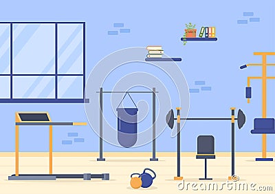 Workout Gym People Exercising Lifting Dumbbells and Weight, Jogging on Treadmill, Sport, Wellness or Fitness in Flat Illustration Vector Illustration