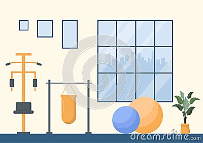 Workout Gym People Exercising Lifting Dumbbells and Weight, Jogging on Treadmill, Sport, Wellness or Fitness in Flat Illustration Vector Illustration