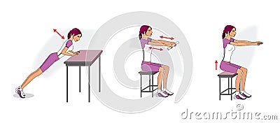 Workout at home - arms, abs, hips. Girl exercises sitting and push-ups. Isolated on a white background Stock Photo