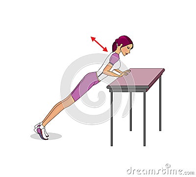 Workout at home - arms. Girl exercises push-ups. Isolated on a white background Stock Photo