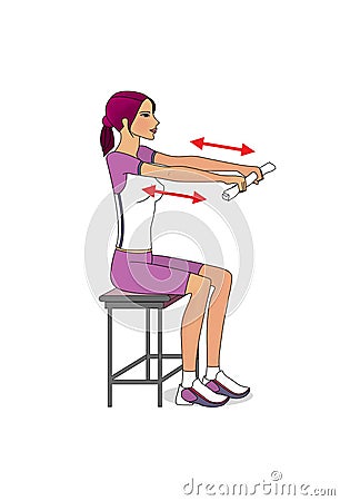 Workout at home - arms. Girl exercises sitting. Isolated on a white background Stock Photo