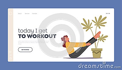 Workout Landing Page Template. Female Character Doing Fitness, Yoga or Aerobics Exercises at Home, Sports Training Vector Illustration