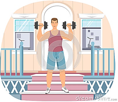 Guy doing sports and lead healthy life outdoors. Athlete lifts dumbbells in doorstep of his house Vector Illustration