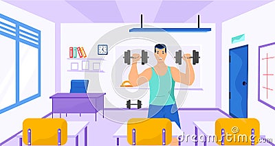 Guy does sports and maintains healthy lifestyle in school. Athlete lifts heavy dumbbells in class Vector Illustration