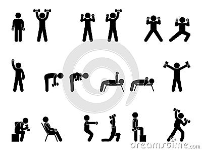 Workout techniques with dumbbells, power training, exercises poses, postures, bodybuilding isolated icons Vector Illustration