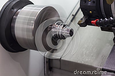 Close up workpiece clamp in chucks of a lathe machine Stock Photo