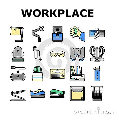 Workplace Accessories And Tools Icons Set Vector Vector Illustration