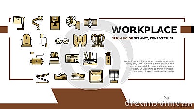 Workplace Accessories And Tools Landing Header Vector Vector Illustration