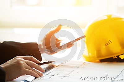 Workplace architect builder at the construction site, Architecture and construction. Creating an interior design by an architect Stock Photo