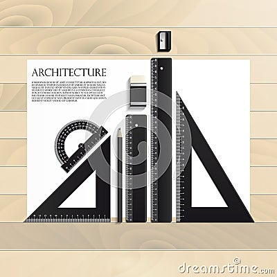 Workplace art board, paper, ruler, protractor Vector Illustration