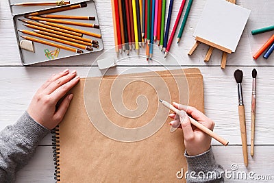 Workplace of artist, flat lay, top view, desktop Stock Photo