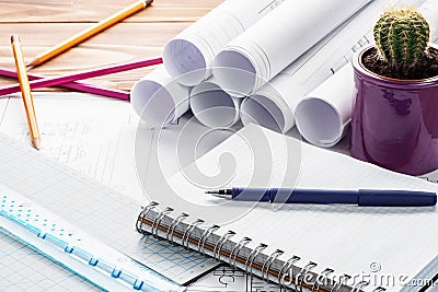 Workplace of engineer designer Project notepad with copy space Stock Photo