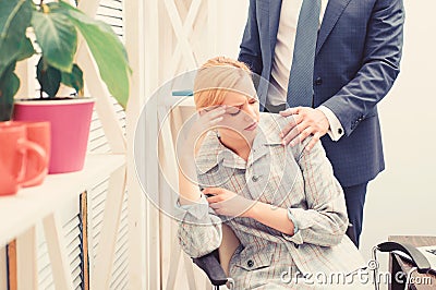 Workplace bullying concept. Sexual harassment between colleagues and flirting in office. Lustful boss touching. Stock Photo