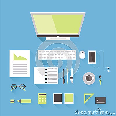 A workplace of a business or creative person, top view. Monitor with keyboard and mouse, phone, calculator, cup of Vector Illustration