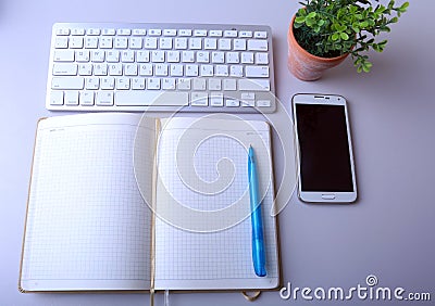 Workplace business still life. blank empty notebook, laptop tablet pc mobile phone, pen Editorial Stock Photo