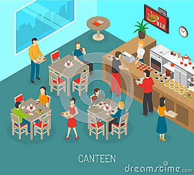 Workplace Canteen Lunch Isometric Poster Illustration Vector Illustration