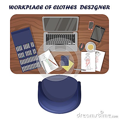 Workplace of clothes designer. Fashion illustrator`s workspace. View from above Vector Illustration