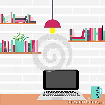 Workplace. Computer and bookshelves on a brick wall Vector Illustration