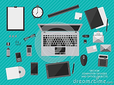 Workplace with computer devices, office objects and business documents Vector Illustration