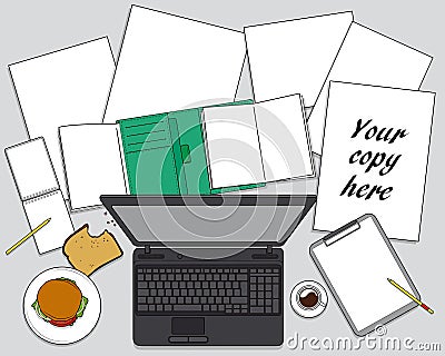 Workplace with computer - Stationery on desk background Vector Illustration