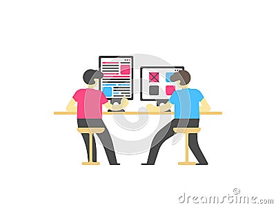 Workplace concept. People sitting at the desktop and working. Vector Illustration