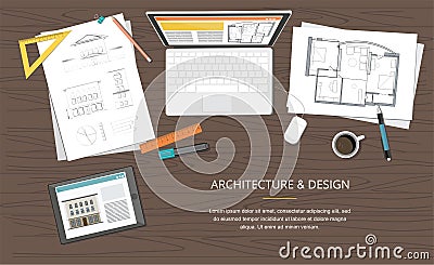 Workplace - Construction project architect house plan with tools, laptop and notebook. Construction background. Vector Illustratio Vector Illustration