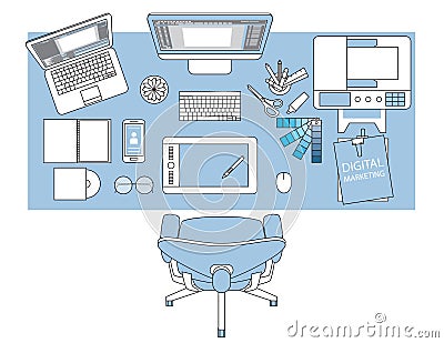 Workplace of designer with devices for work,Flat designed banner Vector Illustration