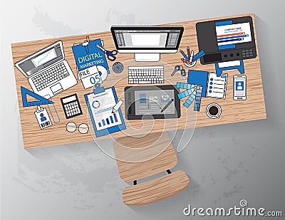 Workplace of designer with devices for work,Flat designed banner Vector Illustration