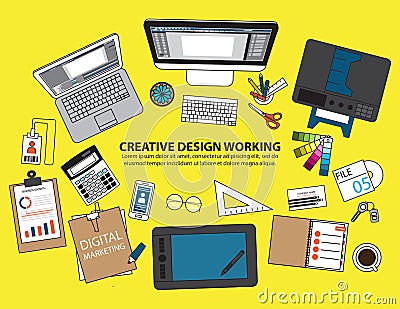 Workplace of designer with devices for work,Flat designed banner Vector Illustration