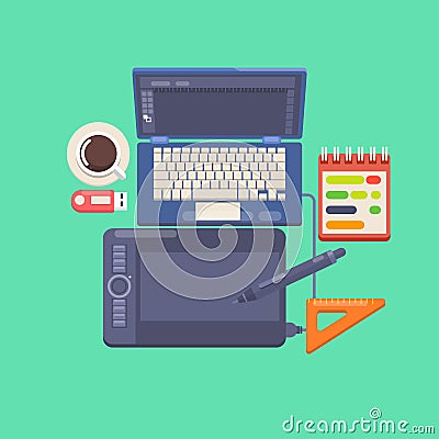 Workplace of a designer Flat design style modern vector illustration icons Vector Illustration