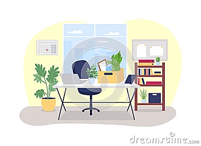 Workplace desk with box of stationery 2D vector web banner, poster Vector Illustration