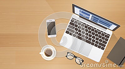 Workplace Desk Laptop Computer Cell Smart Phone Coffee Top Angle View Copy Space Vector Illustration